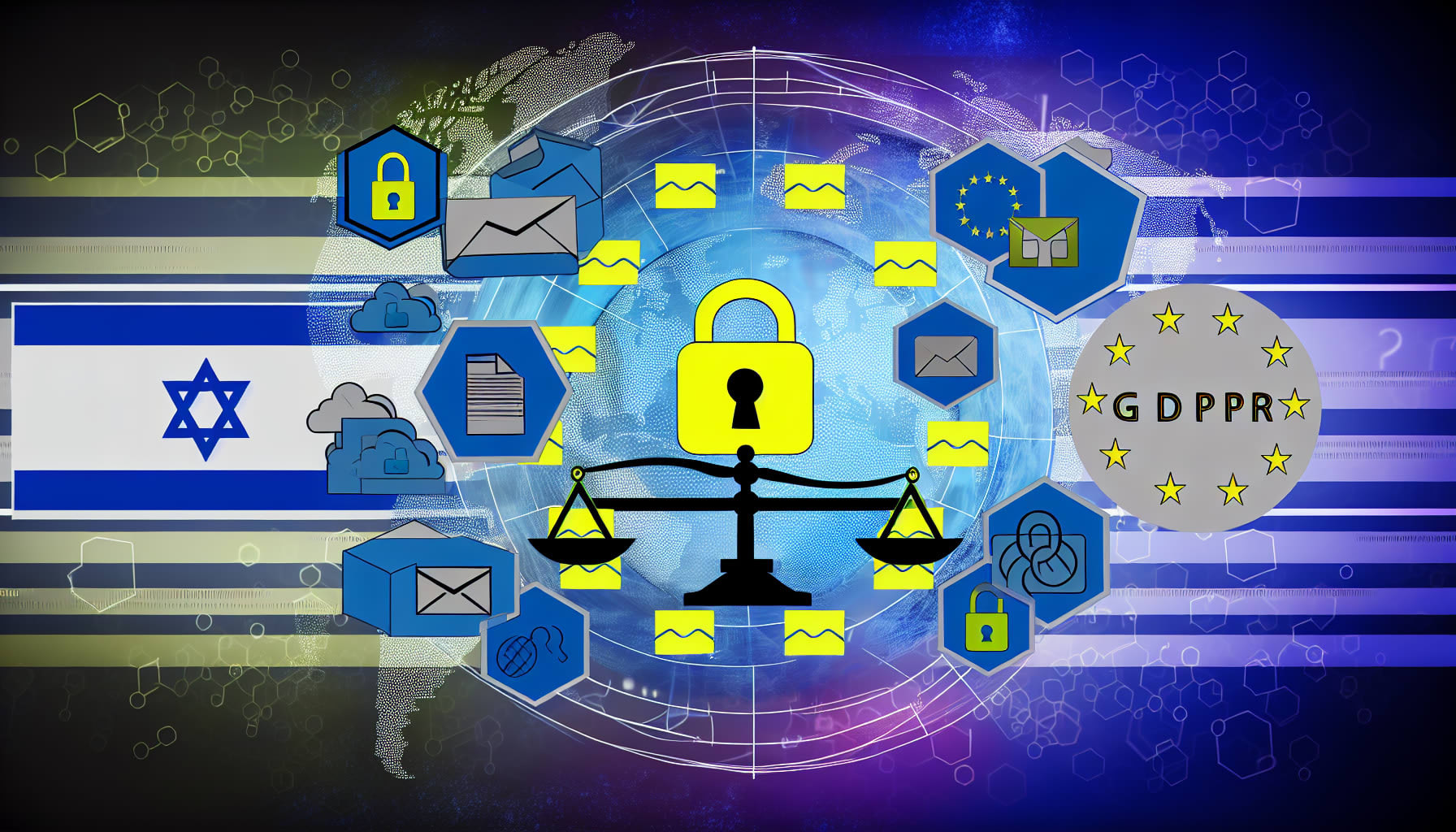 אינפוגרפיקה על השפעת ה-GDPR על דיוור אלקטרוני, כולל סמלים של הגנת מידע ודגלי האיחוד האירופי וישראל