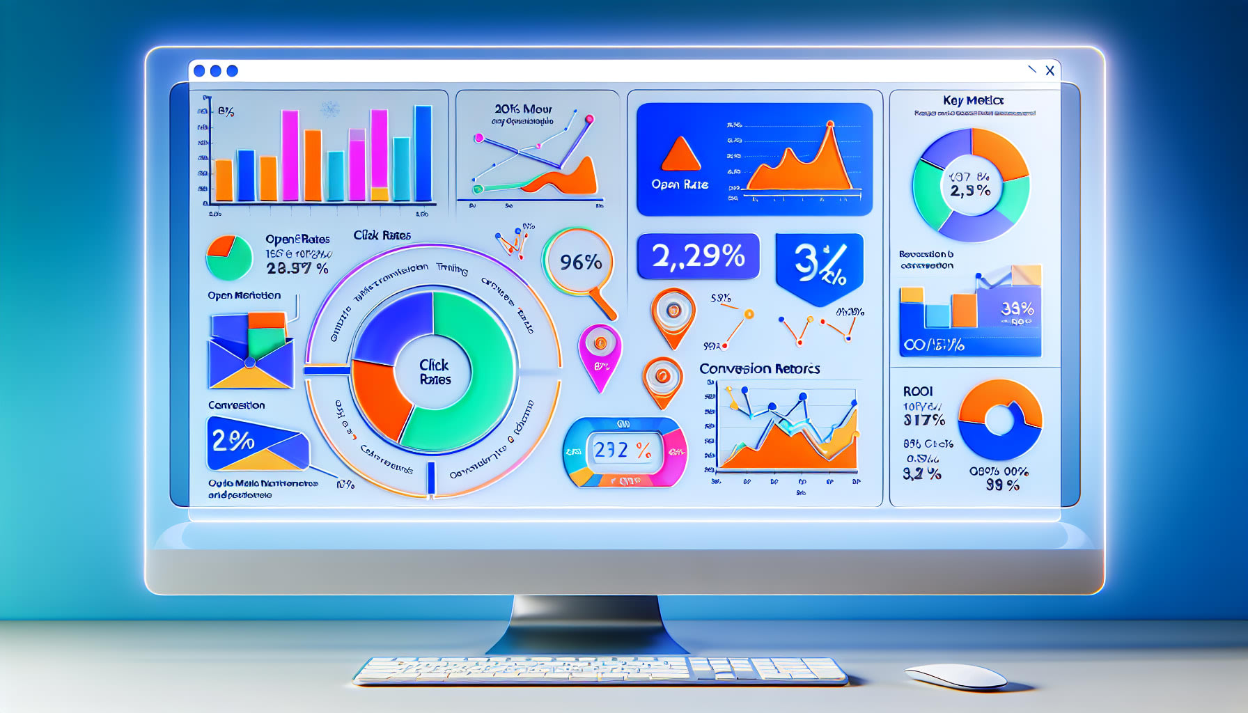 דשבורד מדדי KPI לאימייל מרקטינג עם גרפים וחיווי ביצועים מתקדמים
